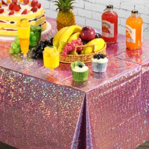 3 Pack New Iridescent Pink Tablecloth Party Decorations, Holographic Pink Glitter Plastic Tablecloth, Disposable Laser Rectangle Table Cover for Disco Birthday 70s Theme Party Decorations, 54x108 Inch