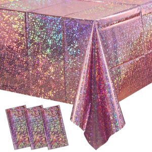 3 pack new iridescent pink tablecloth party decorations, holographic pink glitter plastic tablecloth, disposable laser rectangle table cover for disco birthday 70s theme party decorations, 54x108 inch