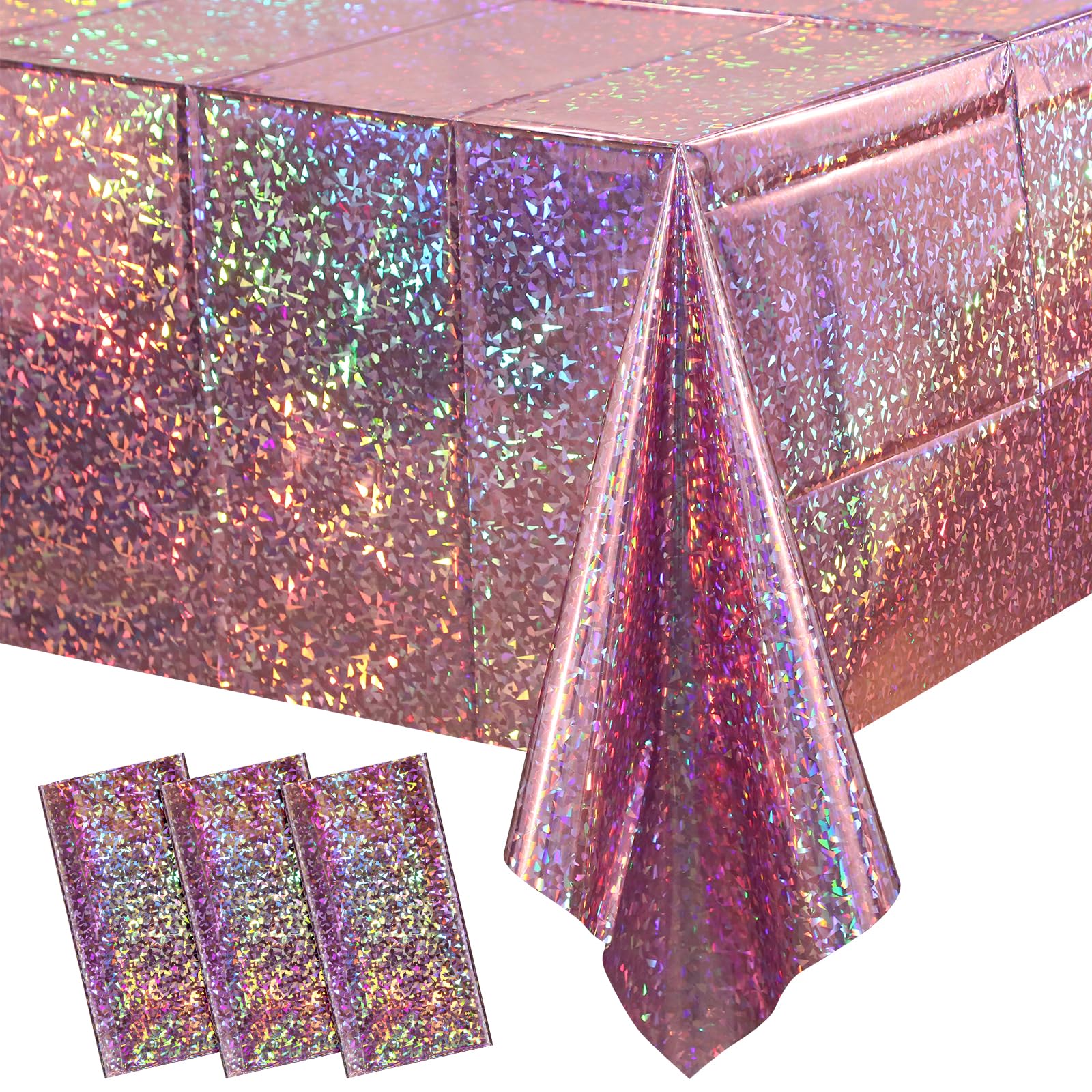 3 Pack New Iridescent Pink Tablecloth Party Decorations, Holographic Pink Glitter Plastic Tablecloth, Disposable Laser Rectangle Table Cover for Disco Birthday 70s Theme Party Decorations, 54x108 Inch