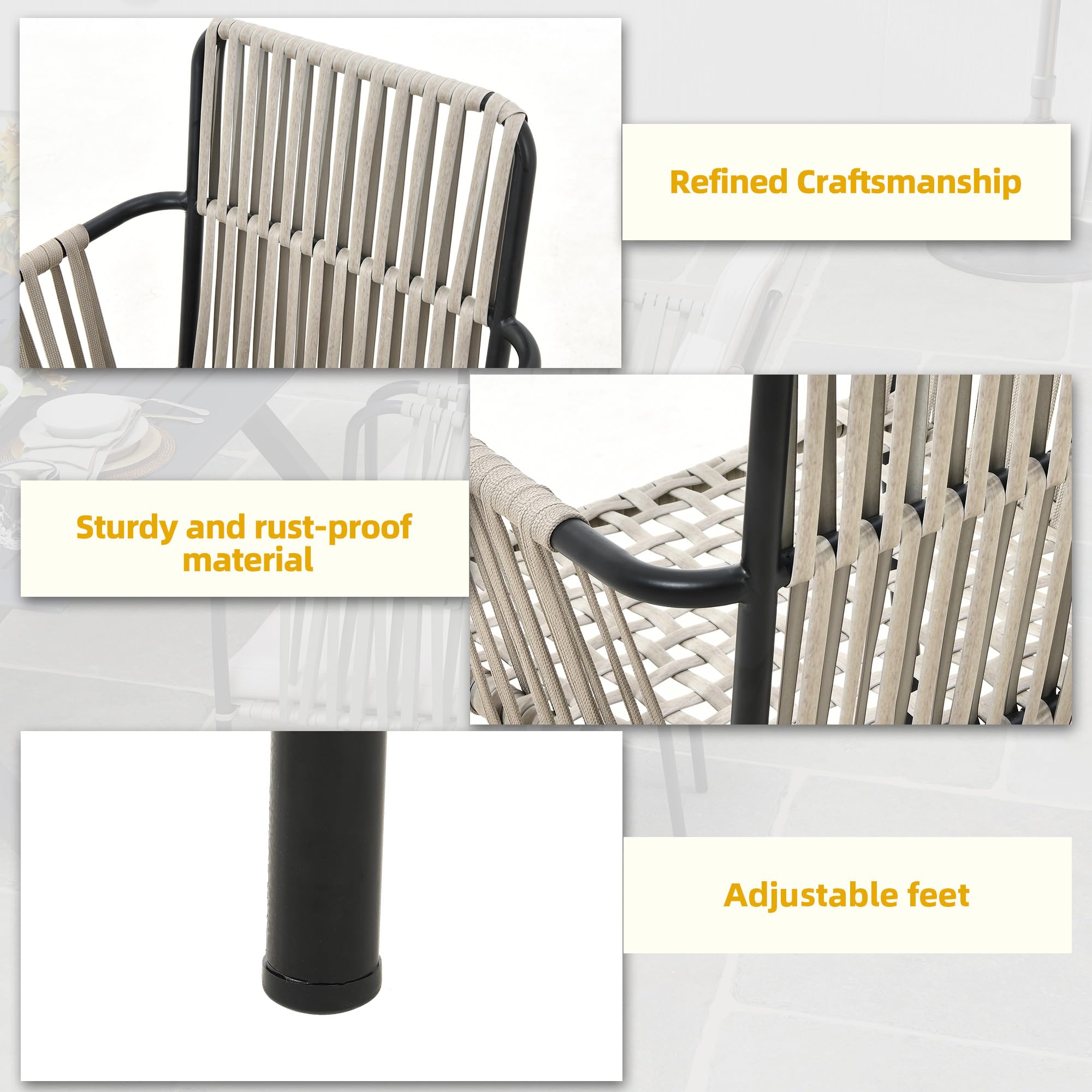 DWVO Patio Chairs Outdoor Dining Sets with Arms and Seat Cushions, Rope & Rattan Patio Chairs Set of 4 Perfect for Garden Porch Backyard Poolside Balcony, Grey