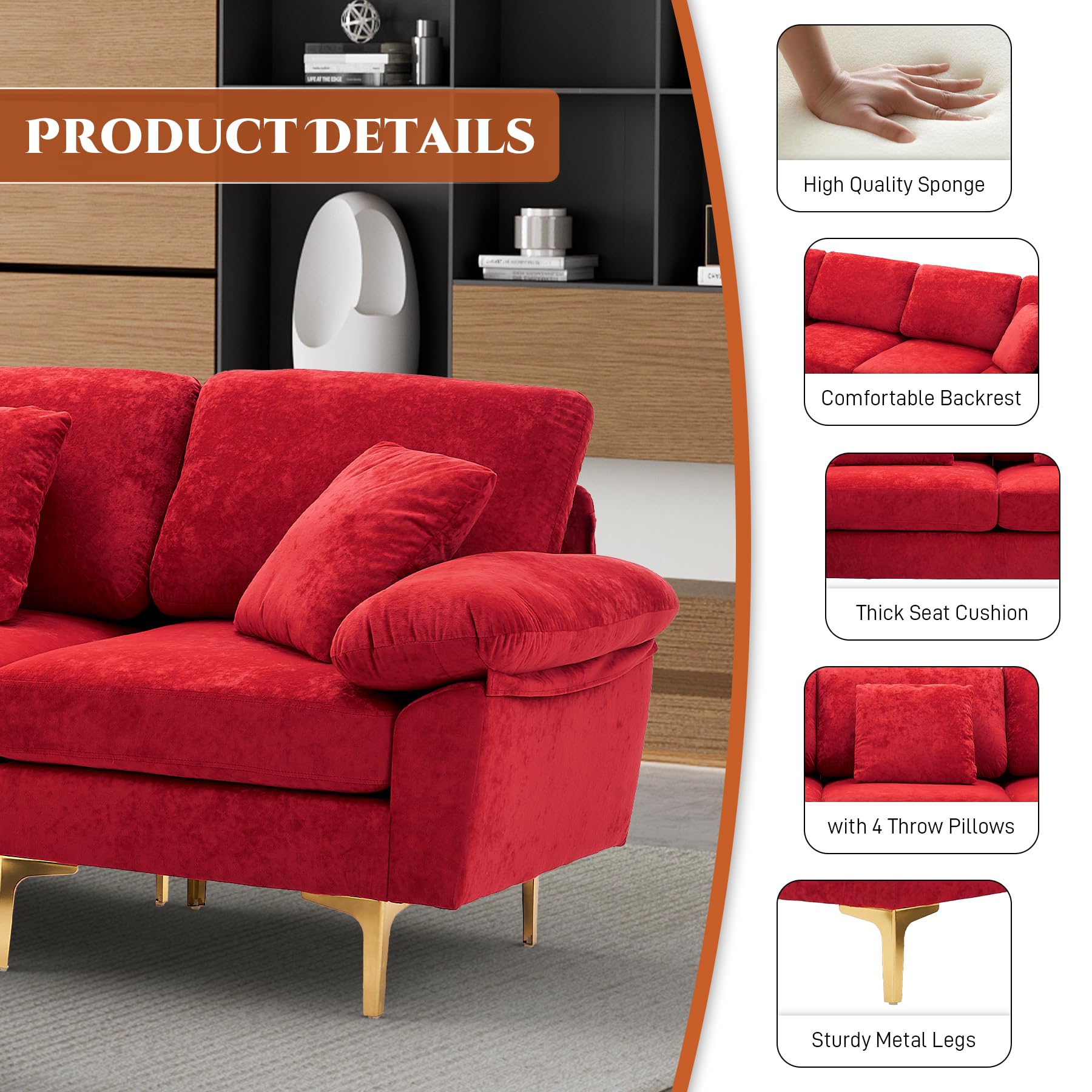 OUYESSIR U-Shaped Sectional Sofa Couch, 4 Seat Sofa Set for Living Room, Convertible L-Shaped Velvet Couch Set with Chaise Lounge, Ottoman and Pillows,114 inches (Red)