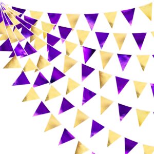 purple and gold party decorations metallic fabric triangle pennant banner flag bunting garland for graduations birthday retirement wedding baby shower bachelorette halloween outdoor party supplies