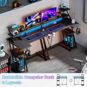 Reversible Corner Gaming Desk with LED Lights & Power Outlet, Computer Desk with Extra Storage Shelves, Small L Shaped Gamer Workstations with Monitor Stand for Bedroom, 39 Inch, Carbon Fiber Black