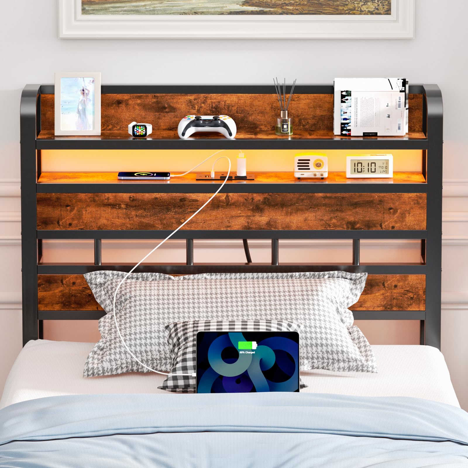 Furnulem Twin Size Headboard Only 2 Outlets 2 USB Ports Bed Headboards with Charging Station 2 Tier Storage Headboard Shelf for Dorm Bedroom Sturdy Adjustable RGB Light Headboards Rustic Brown