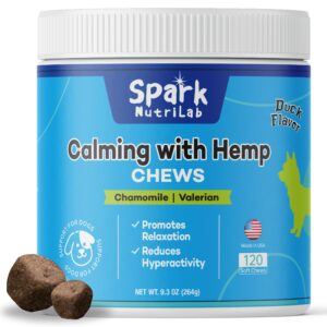 spark nutrilab calming chews for dogs - 120 count soft chews for anxiety relief with hemp, chamomile & valerian - duck flavor, natural ingredients for stress, barking & separation - for all dog sizes