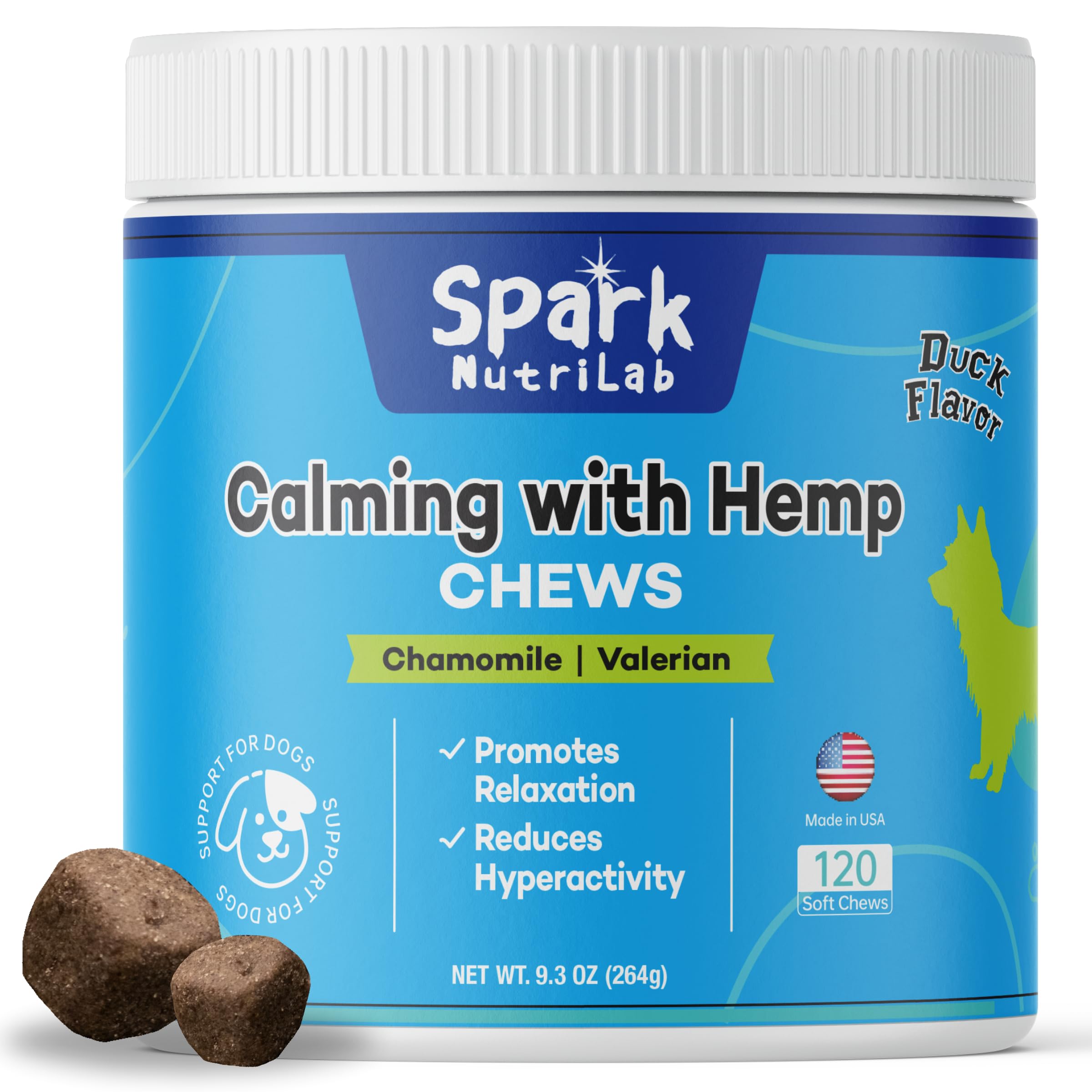 Spark NutriLab Calming Chews for Dogs - 120 Count Soft Chews for Anxiety Relief with Hemp, Chamomile & Valerian - Duck Flavor, Natural Ingredients for Stress, Barking & Separation - for All Dog Sizes