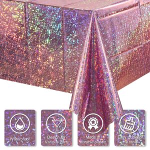 3 Pack New Iridescent Pink Tablecloth Party Decorations, Holographic Pink Glitter Plastic Tablecloth, Disposable Laser Rectangle Table Cover for Disco Birthday 70s Theme Party Decorations, 54x108 Inch