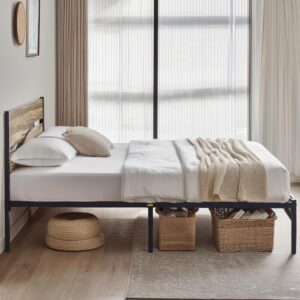 VECELO Platform Bed Frame Full Size with Wood Headboard, Solid and Strong Metal Support, No Box Spring Needed