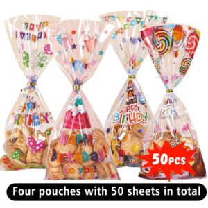 Totelux Happy Birthday Cellophane Gift Bags Clear Candy Bags Plastic Treat Goodies Bags with Ties for Cookies Gift Packaging Birthday Party Supplies 50PCS