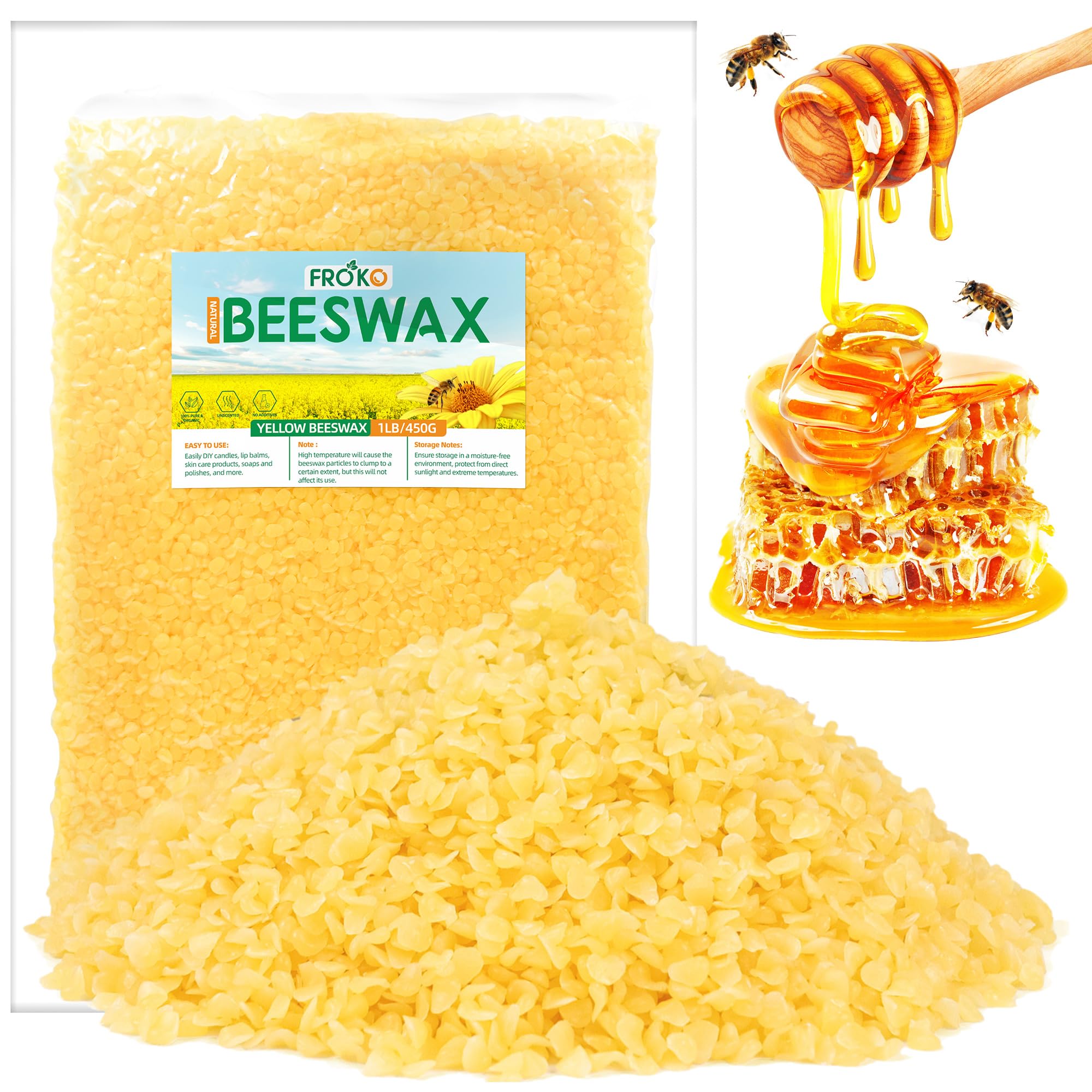 FROKO Yellow Natural Beeswax Pellets 1LB, Organic Beeswax, Beeswax for Candle Making, Body, Skin Care DIY, Lip Balm, Soap and Lotion Making Supplies