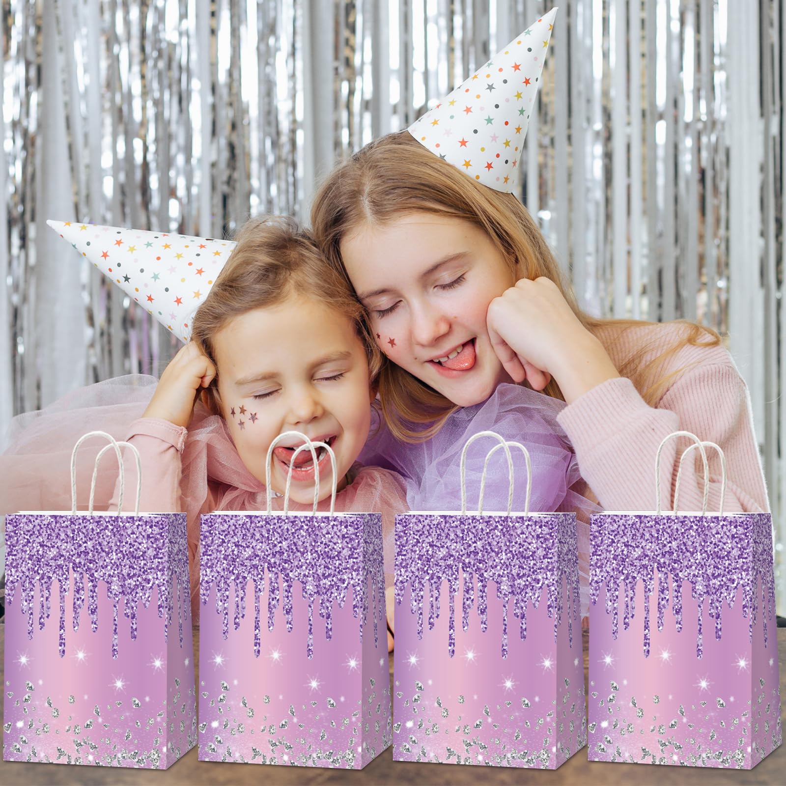 12Pcs Purple and Silver Gift Bags Glitter Diamond Goodie Bag Happy Birthday Treat Bag Glitter Purple Candy Bags Supplies for Wedding Bridal Baby Shower Holiday Party Favors Decorations 4.7*3.15*8inch