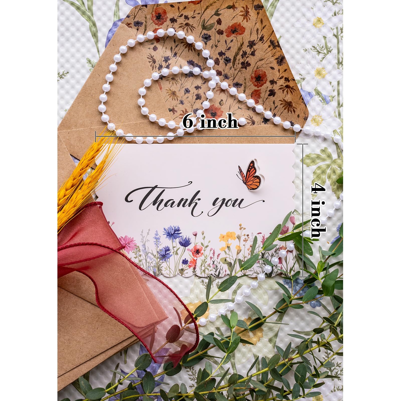 AZAZA Floral Thank You Cards with Envelopes 24 PK, Wedding Thank You Cards Unique Floral Design, 4x6 Wildflower Thank You Notes for Baby Shower, Bridal Shower, Sympathy (White Butterfly)