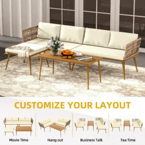 DWVO 4 Pieces Patio Furniture Set, Sectional L-Shaped Sofa for Patio Backyard Poolside Porch, All-Weather Rattan Woven Conversation Set Detachable Lounger with Side Table & Cushions (Beige)