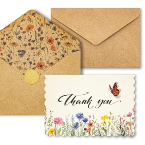 azaza floral thank you cards with envelopes 24 pk, wedding thank you cards unique floral design, 4x6 wildflower thank you notes for baby shower, bridal shower, sympathy (white butterfly)