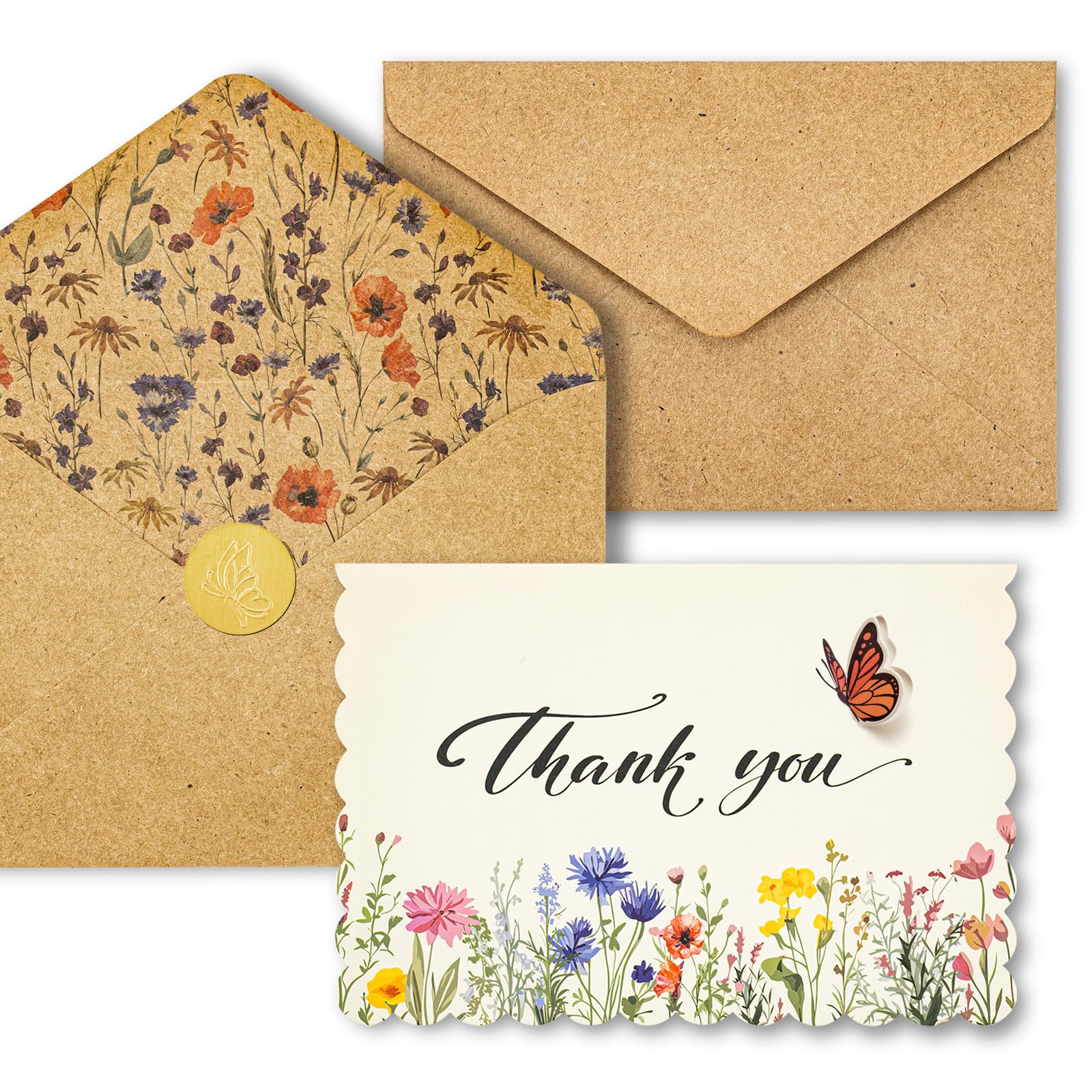 AZAZA Floral Thank You Cards with Envelopes 24 PK, Wedding Thank You Cards Unique Floral Design, 4x6 Wildflower Thank You Notes for Baby Shower, Bridal Shower, Sympathy (White Butterfly)