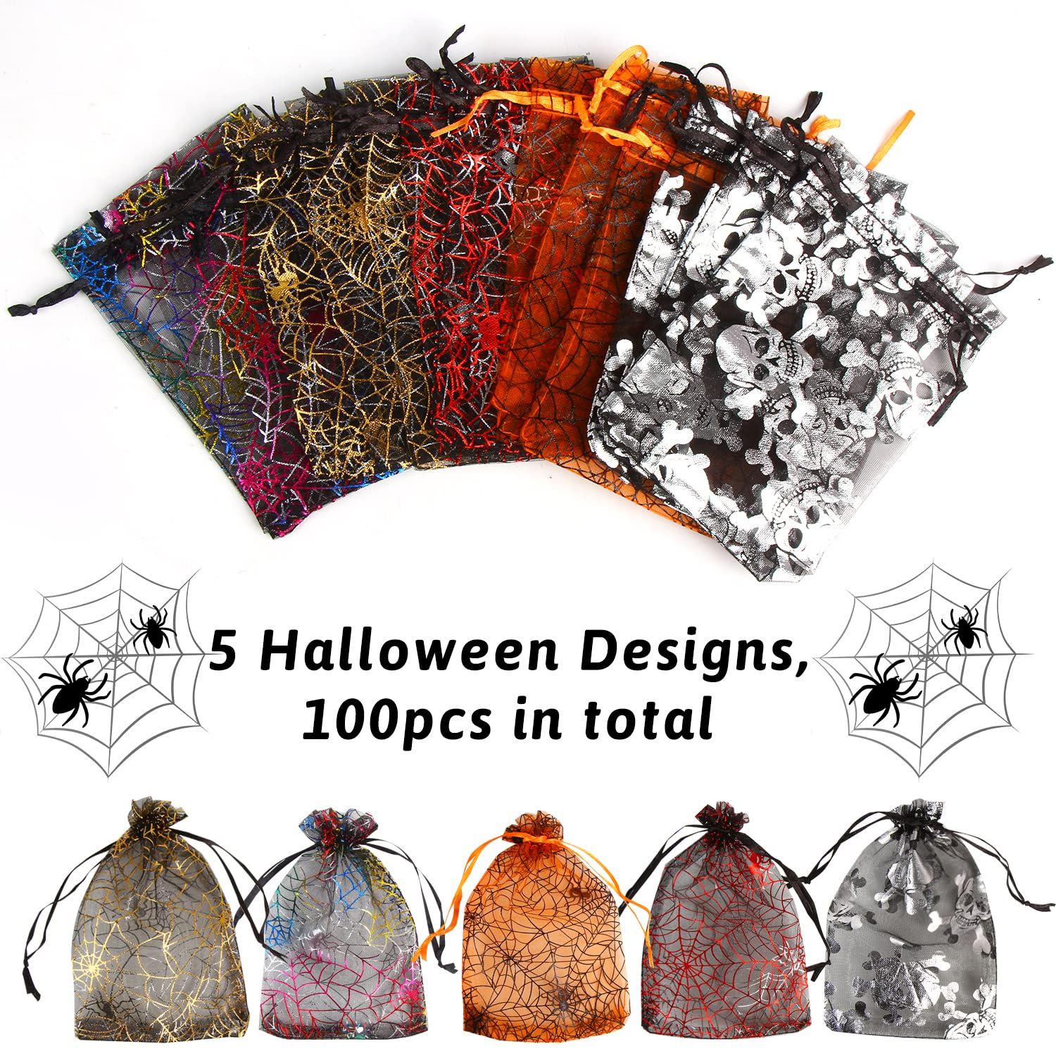 FOIMAS 100pcs Halloween Organza Drawtsring Gift Bags,4x6 Inch Spider Web Skull Organza Candy Treat Bag for Kids Halloween Trick or Treat Gift Wrapping Party Favor Supply