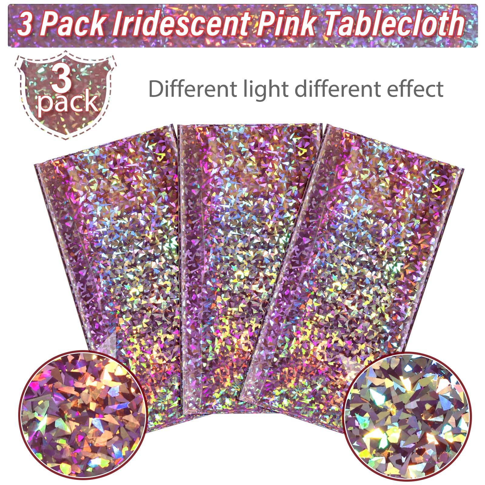 3 Pack New Iridescent Pink Tablecloth Party Decorations, Holographic Pink Glitter Plastic Tablecloth, Disposable Laser Rectangle Table Cover for Disco Birthday 70s Theme Party Decorations, 54x108 Inch