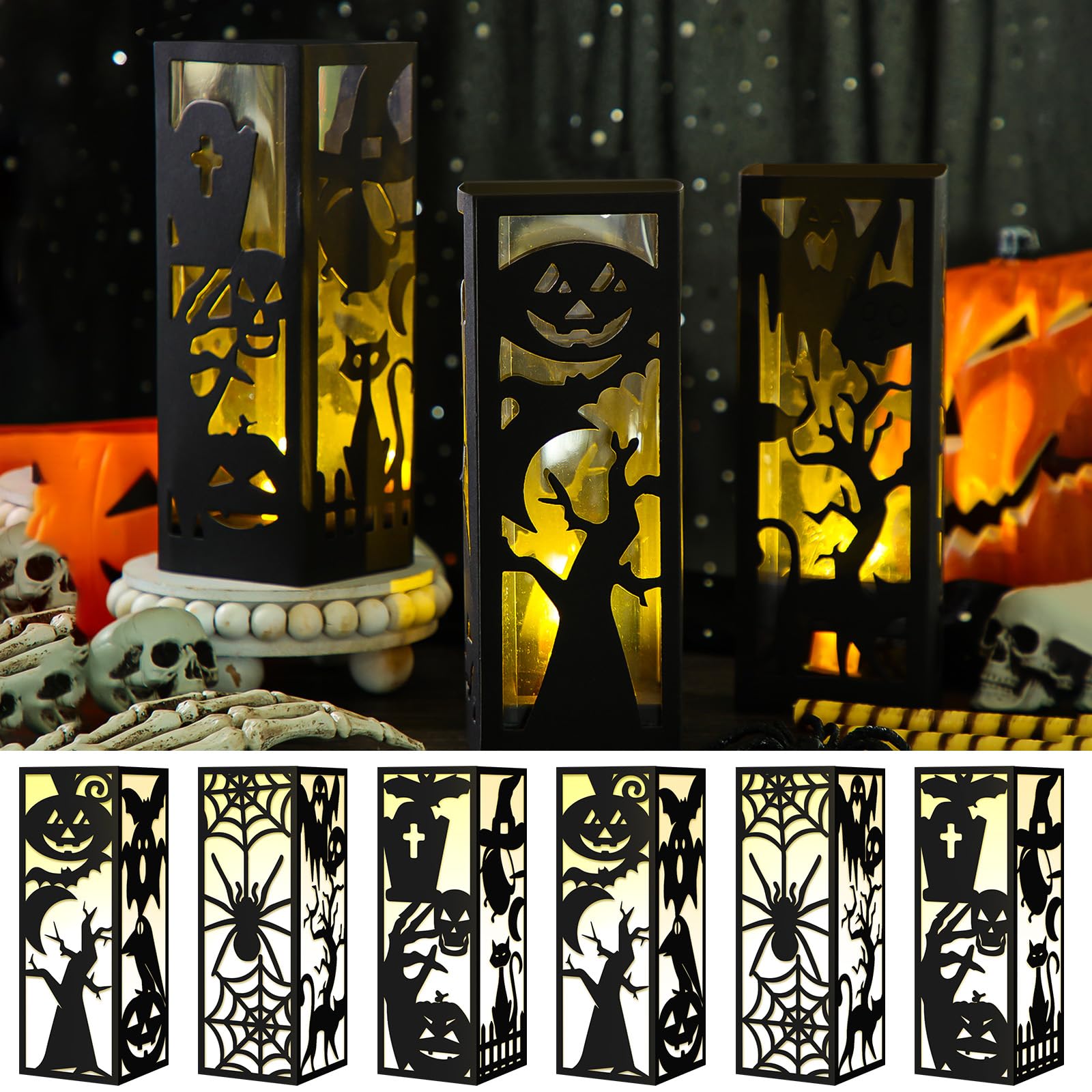 Tellingyou 6 Pcs Halloween Table Centerpieces Lanterns Halloween Paper Lanterns Boxes Flameless Candle Light Handmade DIY Table Centerpieces for Halloween Table Decoration Party Supplies