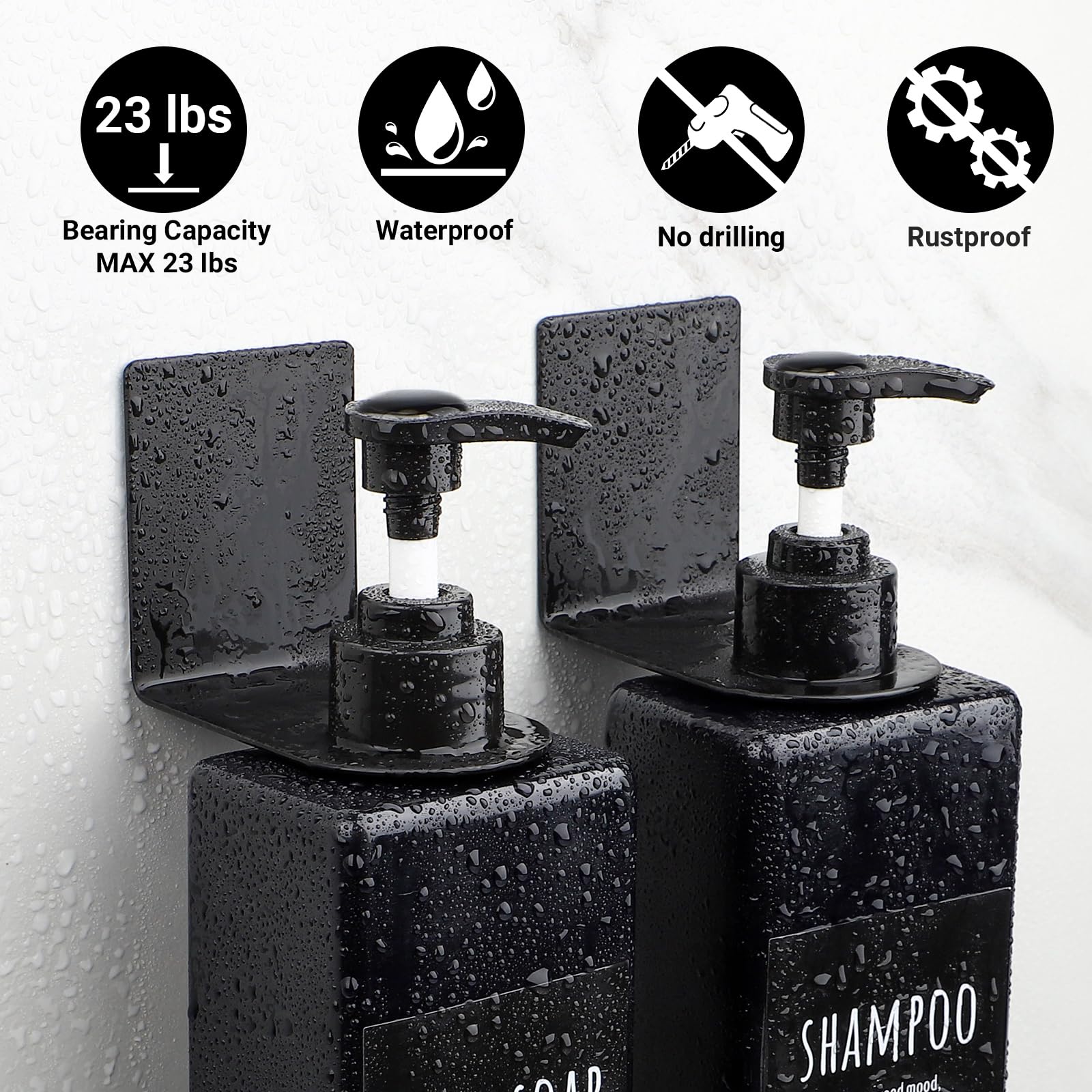 Segbeauty Adhesive Bottle Holder for Soap Dispenser, 3pcs 1.1inch 2.8cm Drill-Free Shower Bottle Holder Stainless Shower Shampoo Holder Wall Mounted, Black Hanging Rack for Bottle Hotel Toilet Kitchen