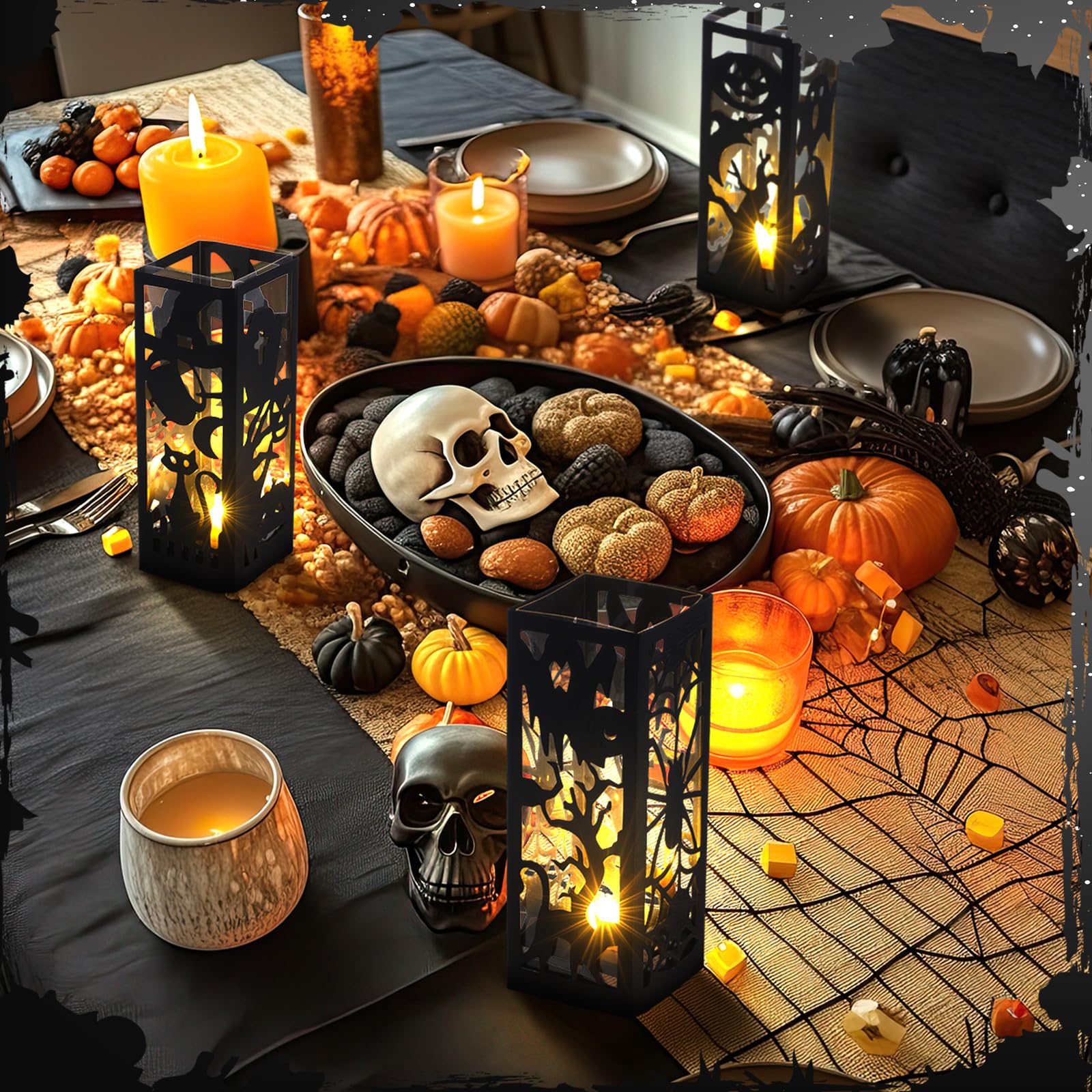 Tellingyou 6 Pcs Halloween Table Centerpieces Lanterns Halloween Paper Lanterns Boxes Flameless Candle Light Handmade DIY Table Centerpieces for Halloween Table Decoration Party Supplies