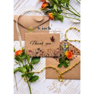 AZAZA Floral Thank You Cards with Envelopes 24 PK, Wedding Thank You Cards Unique Floral Design, 4x6 Wildflower Thank You Notes for Baby Shower, Bridal Shower, Sympathy (Kraft Butterfly)