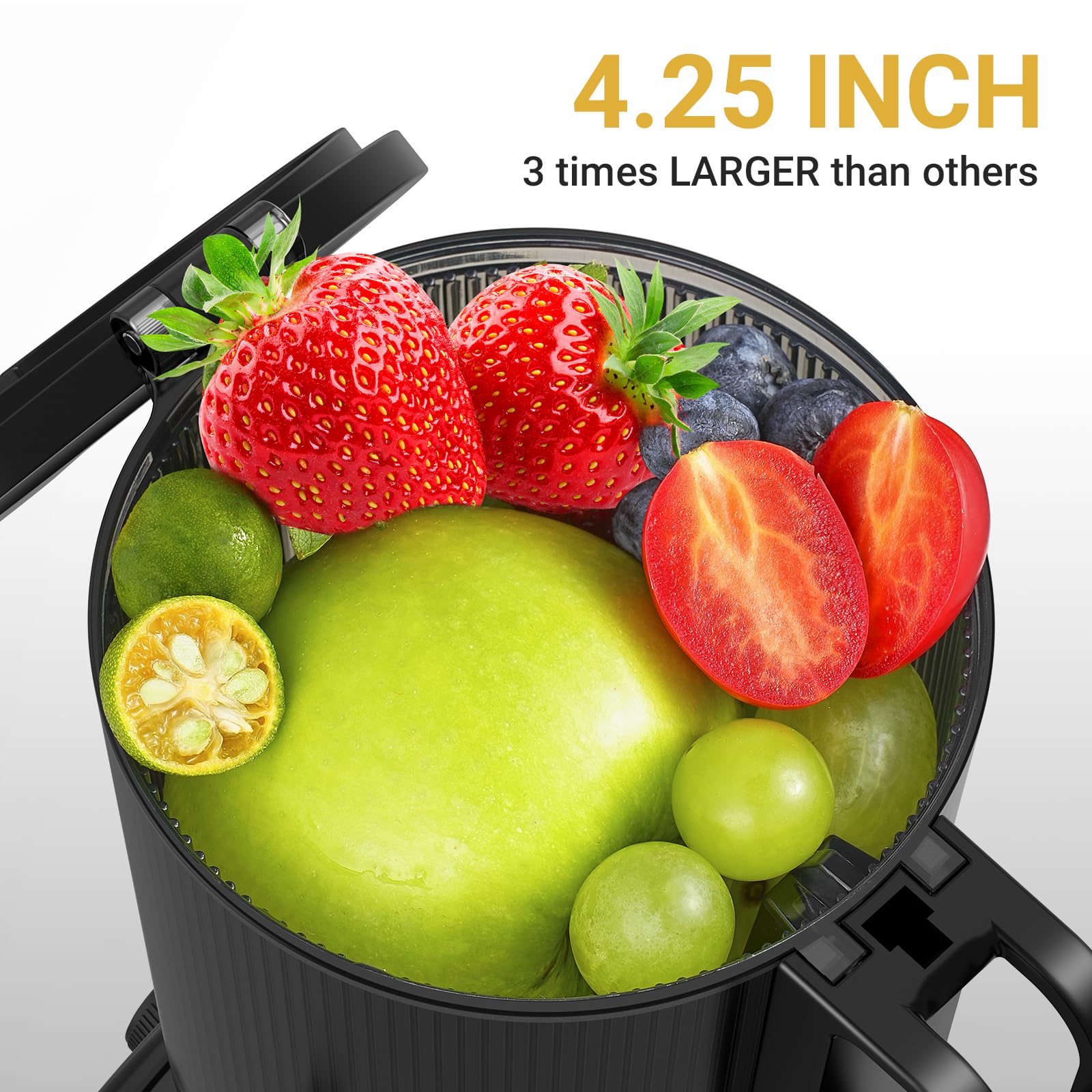 Cold Press Juicer - 4.25 IN Large Feed Chute Juicer Machine for Whole Fruit - Anti Drip Slow Juicer with Reverse Function - Masticating Juicer with Double-Layer Filter, Quiet Motor, Black