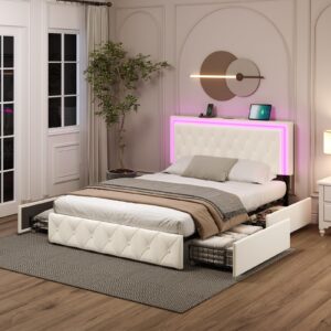 queen bed frame with storage, queen bed frame with 4 drawers on wheels and fast charging station, white queen bed frame adjustable led headboard, velvet upholstered, solid wooden slats, easy assembly