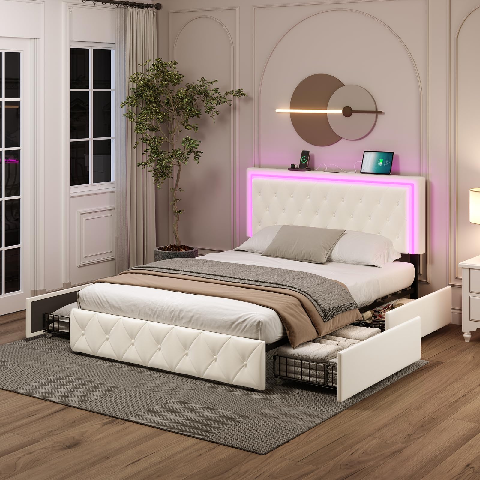 Queen Bed Frame with Storage, Queen Bed Frame with 4 Drawers on Wheels and Fast Charging Station, White Queen Bed Frame Adjustable LED Headboard, Velvet Upholstered, Solid Wooden Slats, Easy Assembly