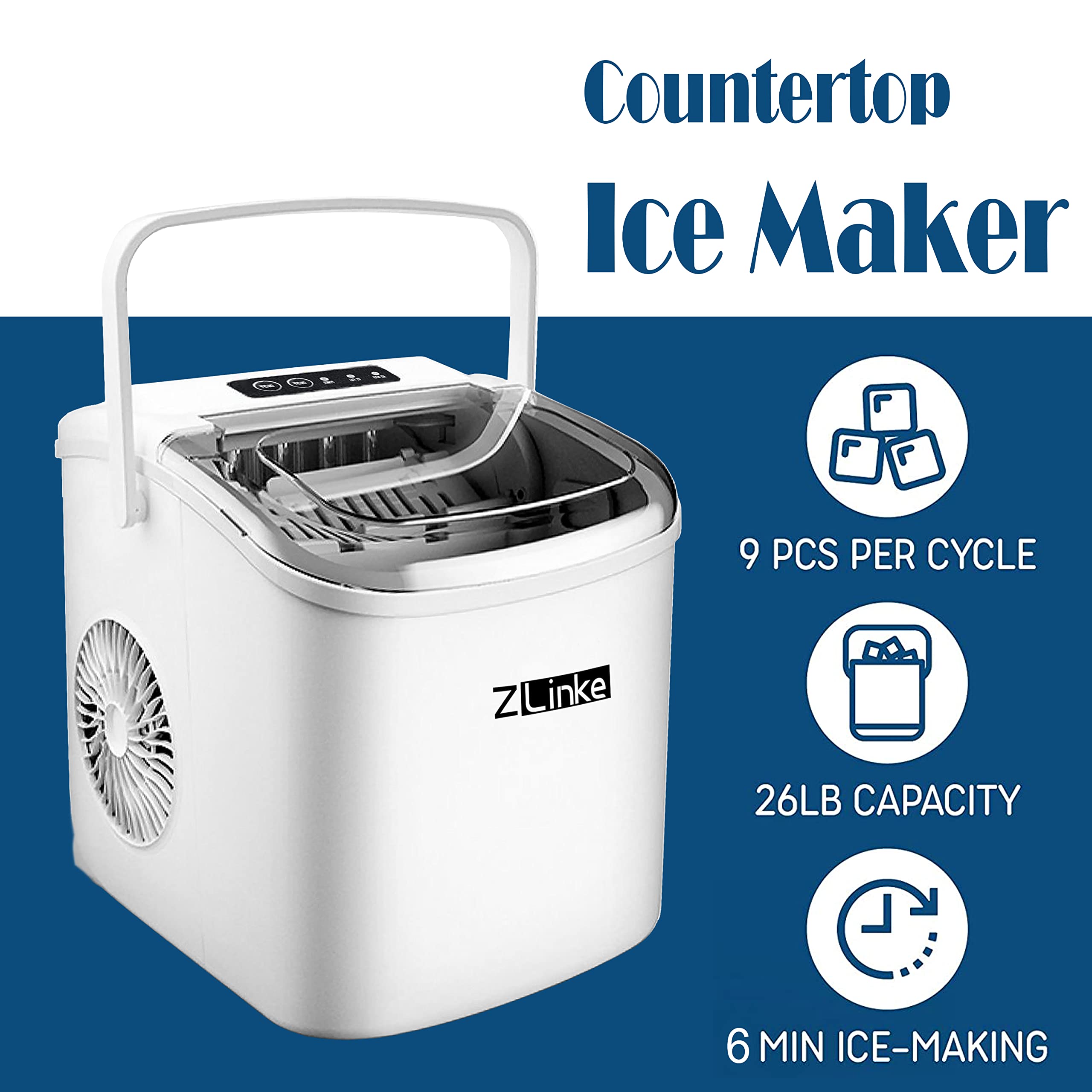 Countertop Ice Maker, Ice Maker Machine 6 Mins 9 Bullet Ice, 26.5lbs/24Hrs, Portable Ice Maker Machine with Self-Cleaning, Ice Scoop, and Basket (Black)