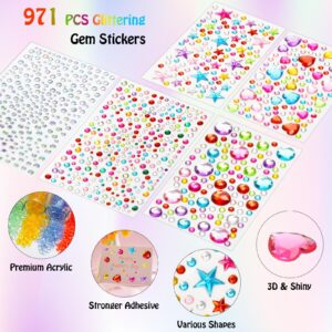 971 pcs Gem Stickers, Star Heart Round Small Stickers for Kids Adults, Glitter Cute Stickers for Crafts, Face Eye Body Makeup, DIY Decoration, Kids Reward, Sparkling Acrylic Rhinestones Jewel Stickers