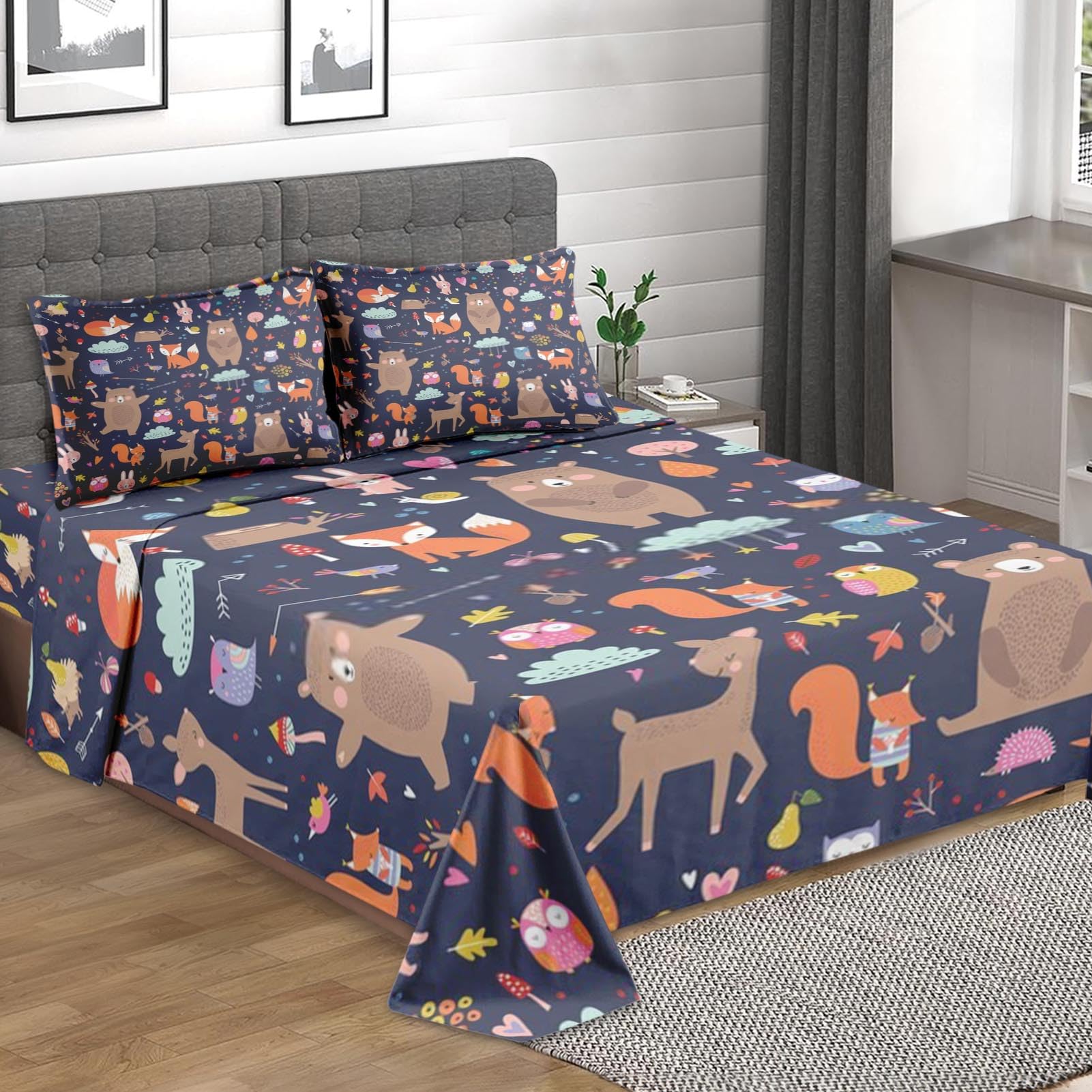 Pinbeam 4 Pcs Fitted Sheet Set Queen Size with 16" Deep Pocket, Animal Cute Autumn Bedding Set with Pillowcases for Kids and Adults, Bear Woodland Rabbit Flat Bed Sheet Set