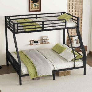 aty metal twin xl over queen bunk bed with ladder and guardrail, sturdy bedframe w/slat support, for kids's bedroom, dorm, no spring need required, 82.7"x 70"x 65.6" (l x w x h), black