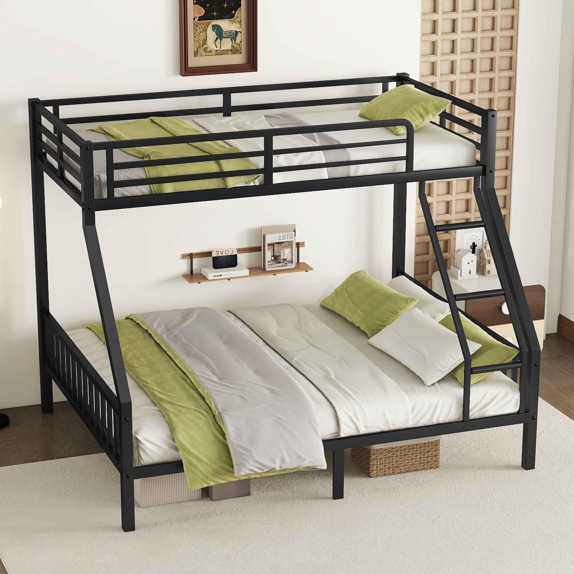 ATY Metal Twin XL Over Queen Bunk Bed with Ladder and Guardrail, Sturdy Bedframe w/Slat Support, for Kids's Bedroom, Dorm, No Spring Need Required, 82.7"x 70"x 65.6" (L x W x H), Black