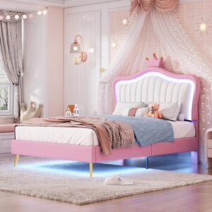 crown headboard twin size princess bed for girls,upholstered twin bed frame with led lights for kids,twin bed for girls,adjusted headboard(twin,pink)