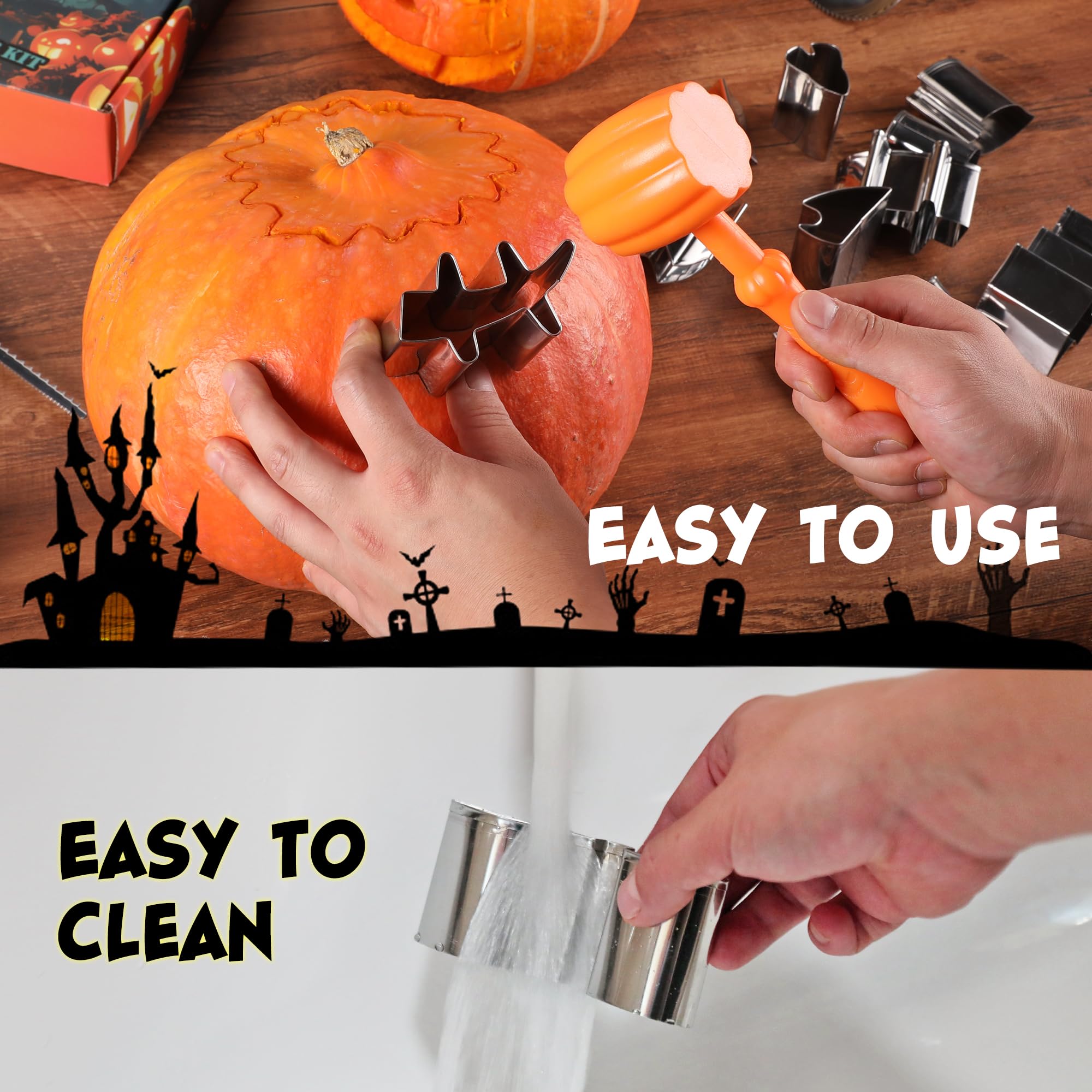 HAUSHOF 24PCS Halloween Pumpkin Carving Kit, Safe and Easy Pumpkin Carving Tools, Stainless Steel Pumpkin Carving Stencils for Halloween Jack-O-Lanterns, With Hammer & Camping Lantern