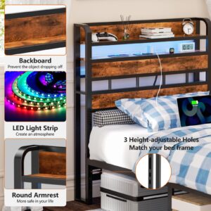 Furnulem Twin Size Headboard Only 2 Outlets 2 USB Ports Bed Headboards with Charging Station 2 Tier Storage Headboard Shelf for Dorm Bedroom Sturdy Adjustable RGB Light Headboards Rustic Brown