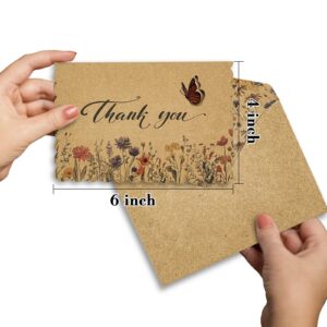 AZAZA Floral Thank You Cards with Envelopes 24 PK, Wedding Thank You Cards Unique Floral Design, 4x6 Wildflower Thank You Notes for Baby Shower, Bridal Shower, Sympathy (Kraft Butterfly)