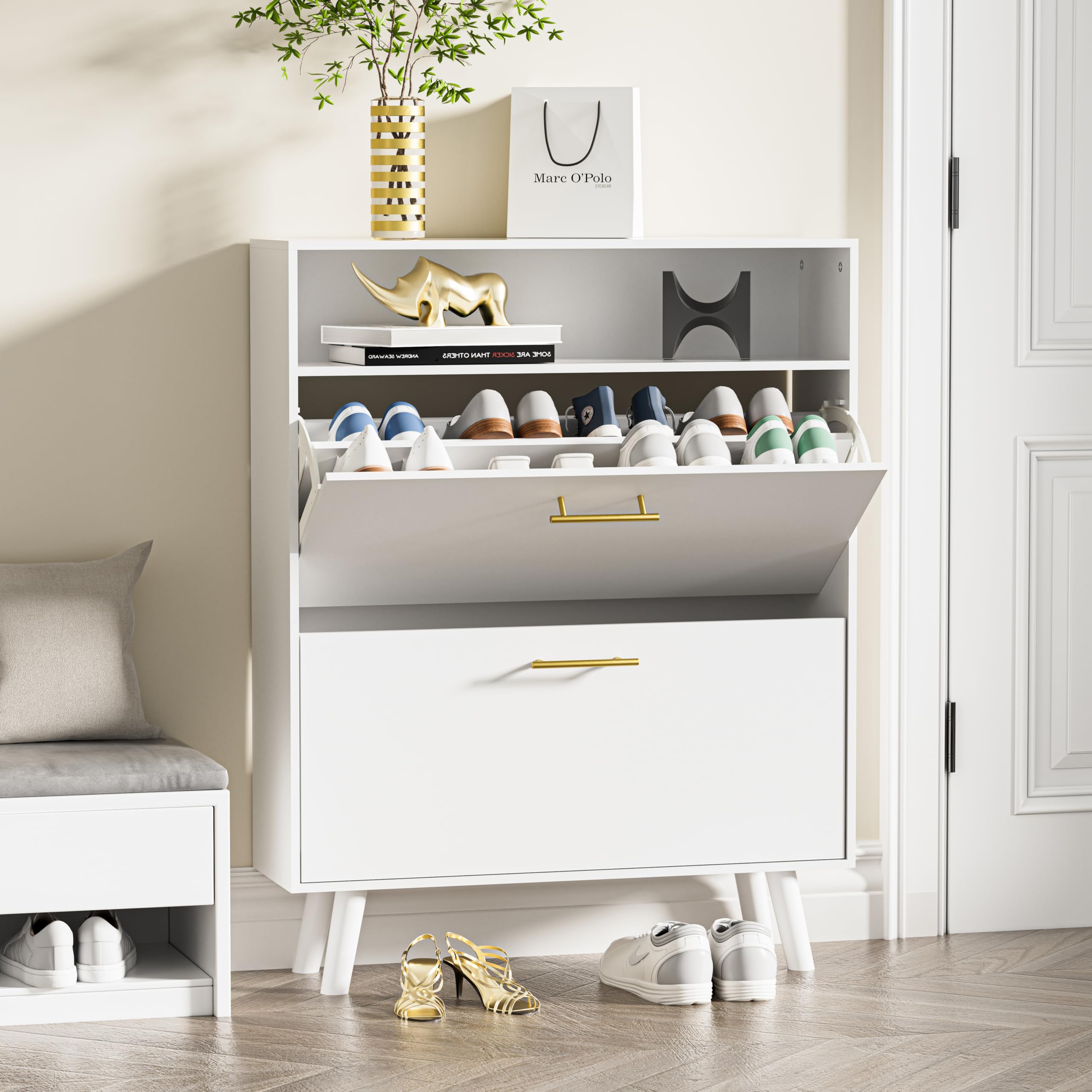 SINROM Shoe Cabinet for Entryway, Slim Shoe Storage Cabinet with 2 Flip Drawers, Freestanding Shoe Organizer with Open Shelf for Hallway, White