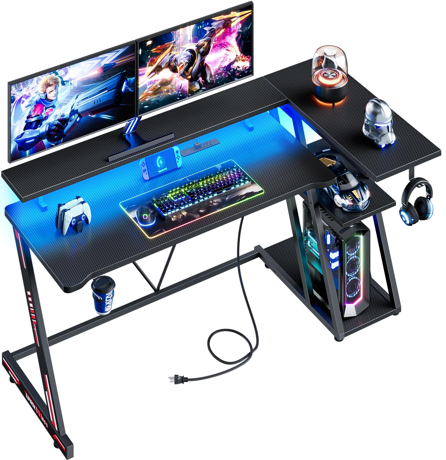 Korfile Reversible Gaming Desk with Power Outlet & LED Lights, Corner Computer Desk with 3 Tiers Storage Shelves, Home Office Desk with Monitor Stand for Small Space, 47 Inch Carbon Fiber Black