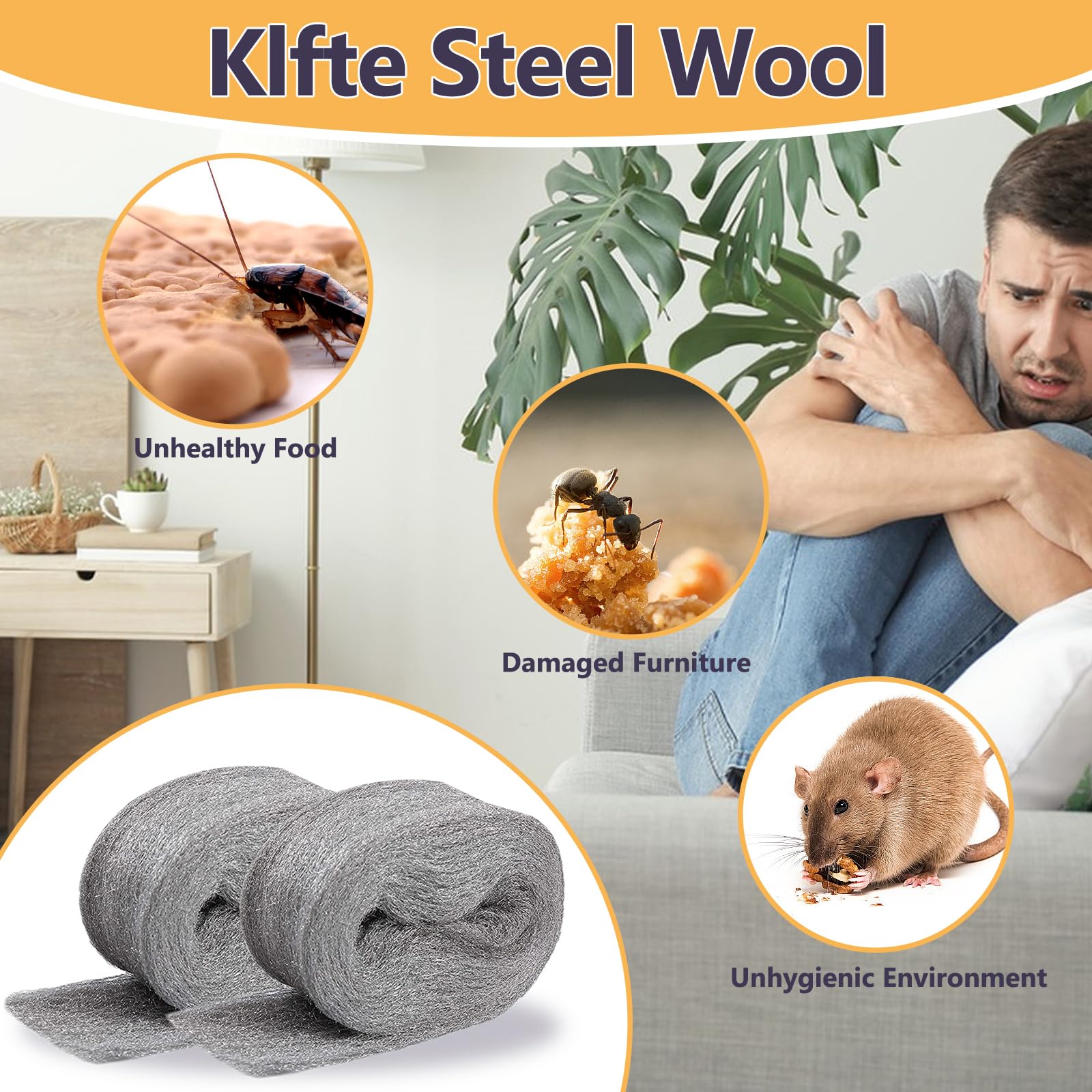 Klfte Steel Wool for Mice Control, 3.2"x12 ft Wool, Gap Filler for Home & Garage, DIY Bundle with Gloves & Scissors - 1 Pack