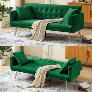 anwickjeff modern velvet futon sofa bed, convertible 3 adjustable couch loveseat with 2 pillows, folding upholstered sleeper with 5 metal leg for living room apartment office bedroom (green)