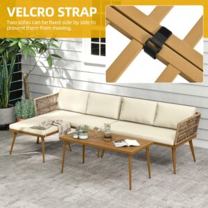 DWVO 4 Pieces Patio Furniture Set, Sectional L-Shaped Sofa for Patio Backyard Poolside Porch, All-Weather Rattan Woven Conversation Set Detachable Lounger with Side Table & Cushions (Beige)