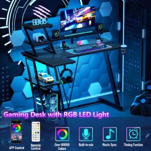 Reversible Corner Gaming Desk with LED Lights & Power Outlet, Computer Desk with Extra Storage Shelves, Small L Shaped Gamer Workstations with Monitor Stand for Bedroom, 39 Inch, Carbon Fiber Black