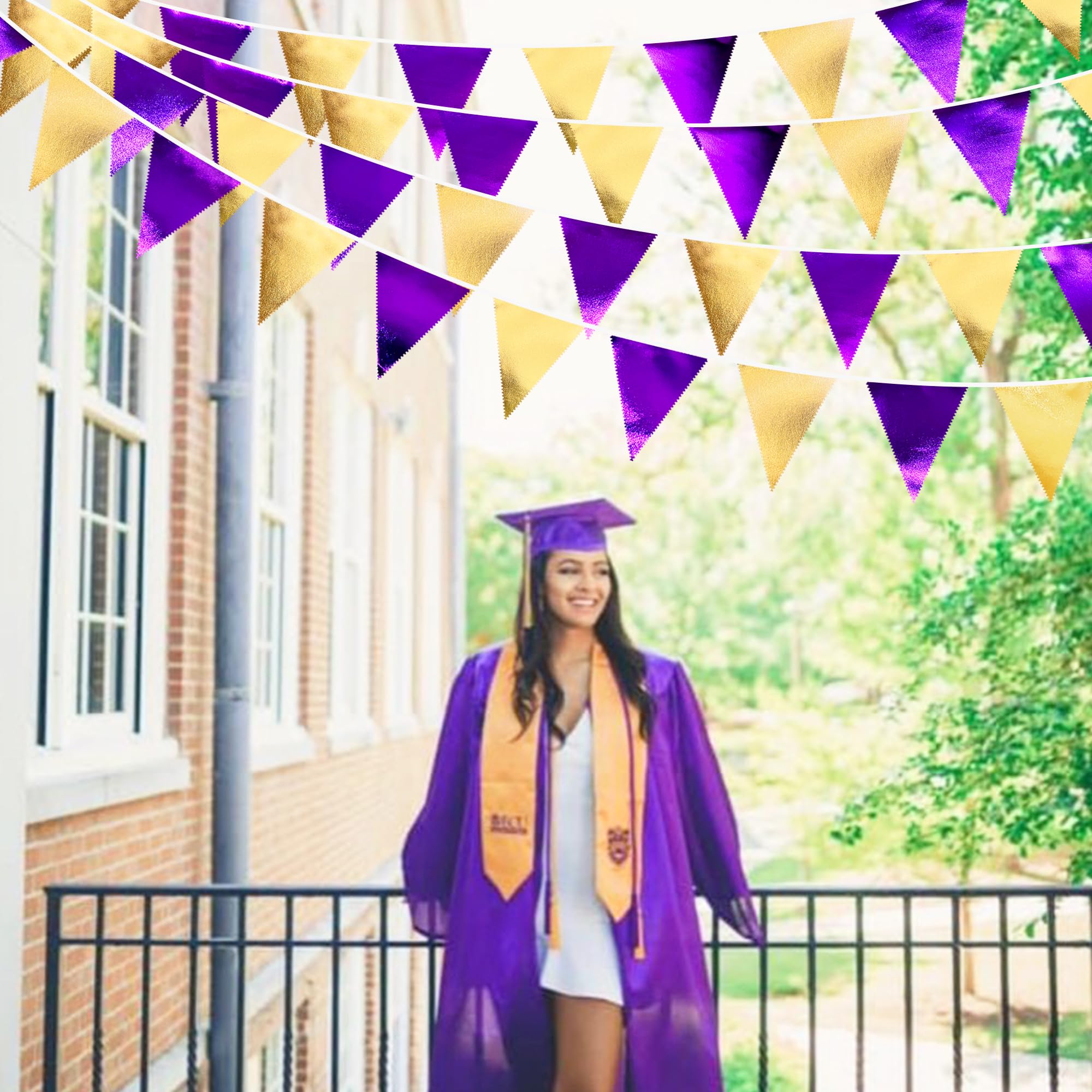 Purple and Gold Party Decorations Metallic Fabric Triangle Pennant Banner Flag Bunting Garland for Graduations Birthday Retirement Wedding Baby Shower Bachelorette Halloween Outdoor Party Supplies