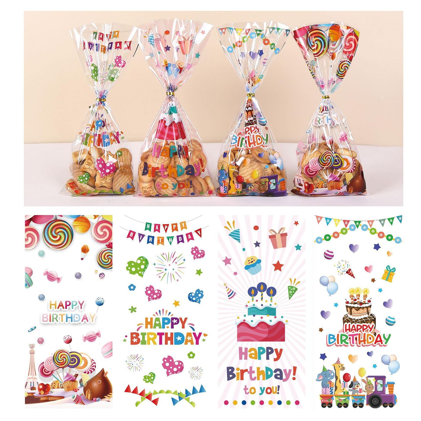 Totelux Happy Birthday Cellophane Gift Bags Clear Candy Bags Plastic Treat Goodies Bags with Ties for Cookies Gift Packaging Birthday Party Supplies 50PCS