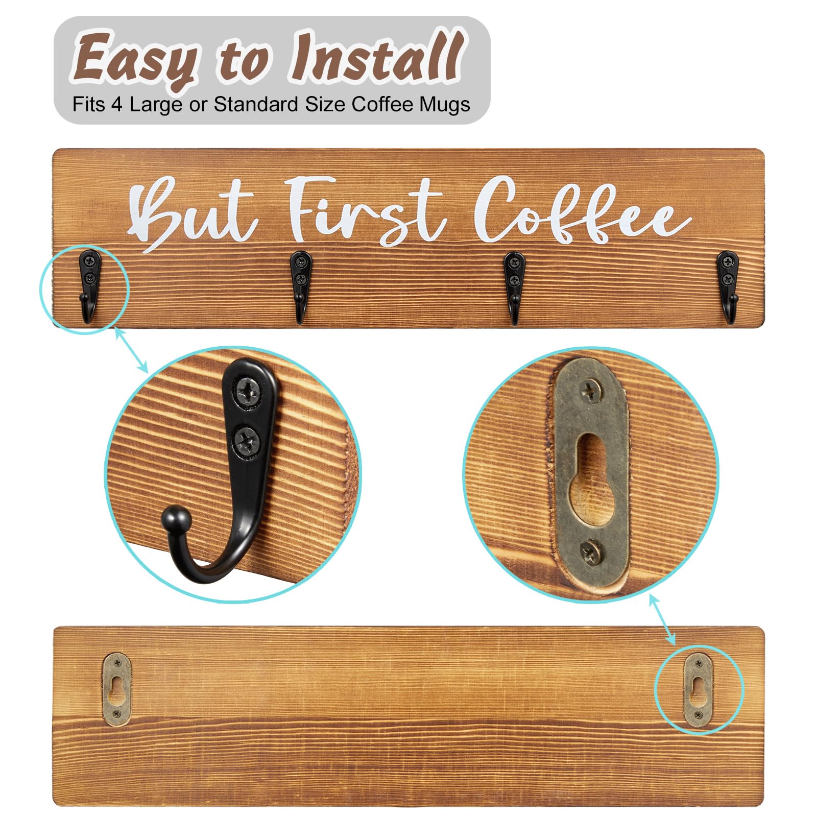 Bivvclaz Coffee Mug Holder Wall Mount, Wooden Coffee Cup Holder, But First Coffee Rustic Wood Wall Sign Decoration, Mug Hanger Organizer Shelf Rack, Farmhouse Kitchen Decor and Coffee Bar Accessories