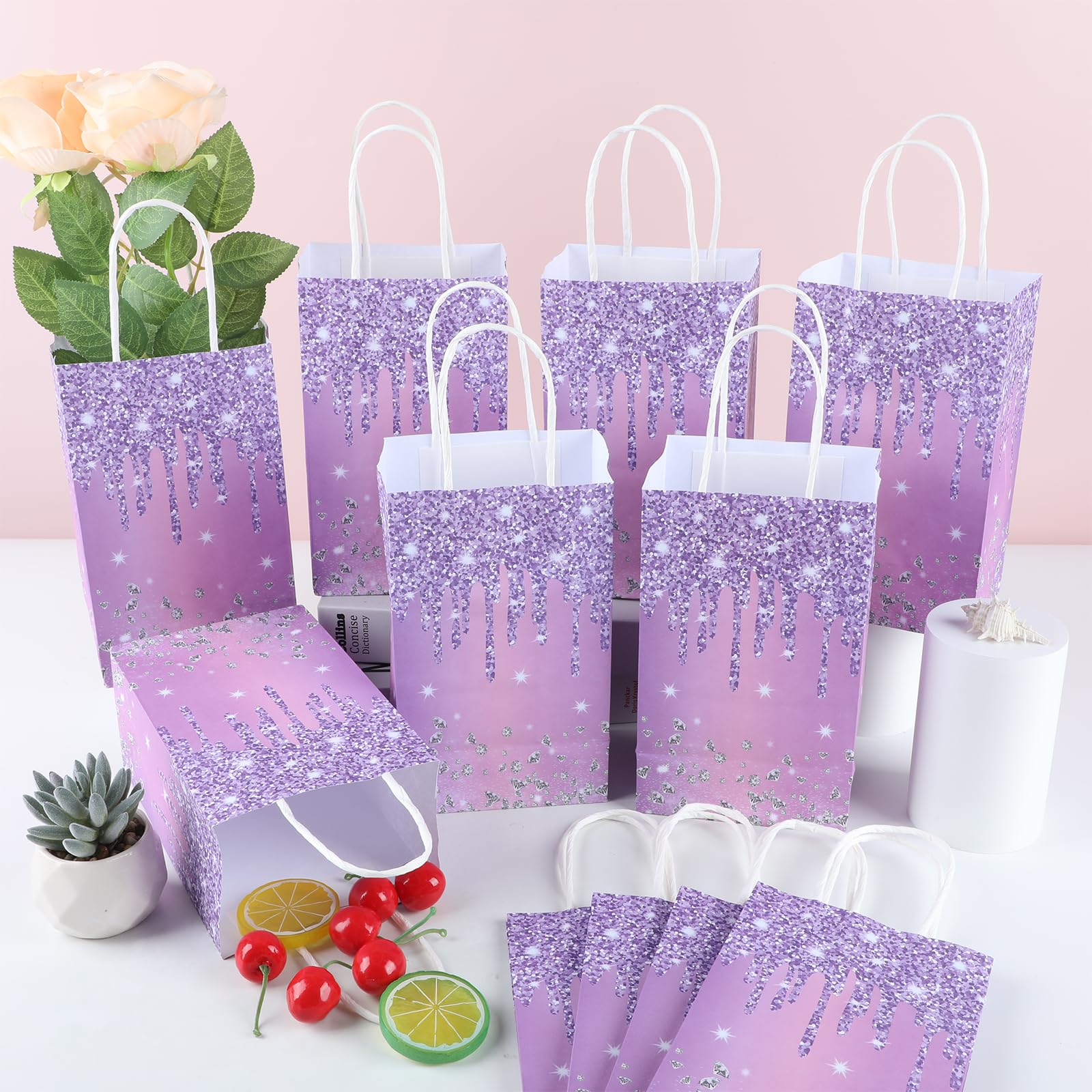 12Pcs Purple and Silver Gift Bags Glitter Diamond Goodie Bag Happy Birthday Treat Bag Glitter Purple Candy Bags Supplies for Wedding Bridal Baby Shower Holiday Party Favors Decorations 4.7*3.15*8inch