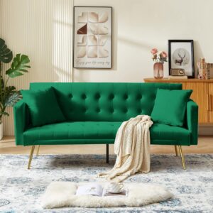 anwickjeff Modern Velvet Futon Sofa Bed, Convertible 3 Adjustable Couch Loveseat with 2 Pillows, Folding Upholstered Sleeper with 5 Metal Leg for Living Room Apartment Office Bedroom (Green)