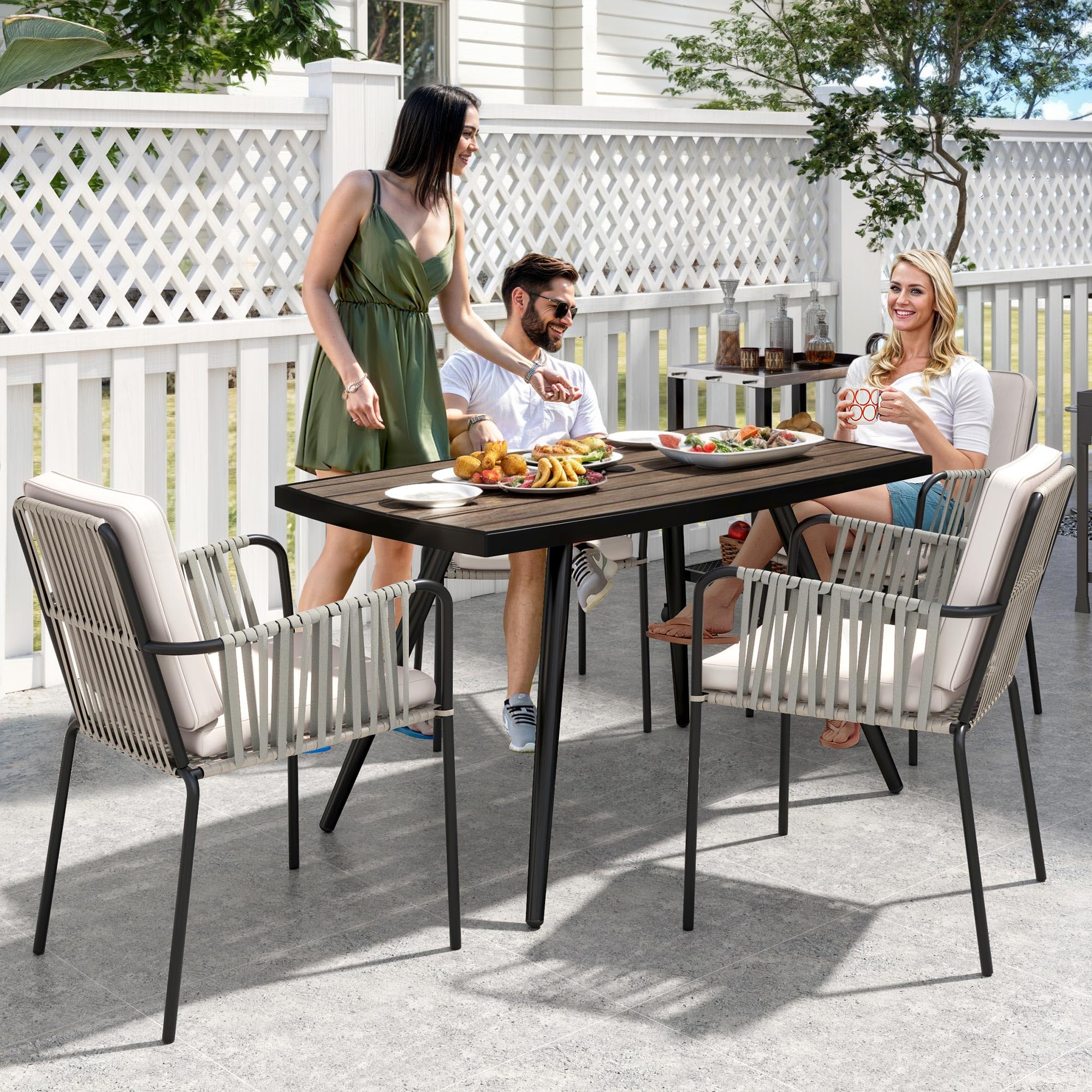 DWVO Patio Chairs Outdoor Dining Sets with Arms and Seat Cushions, Rope & Rattan Patio Chairs Set of 4 Perfect for Garden Porch Backyard Poolside Balcony, Grey