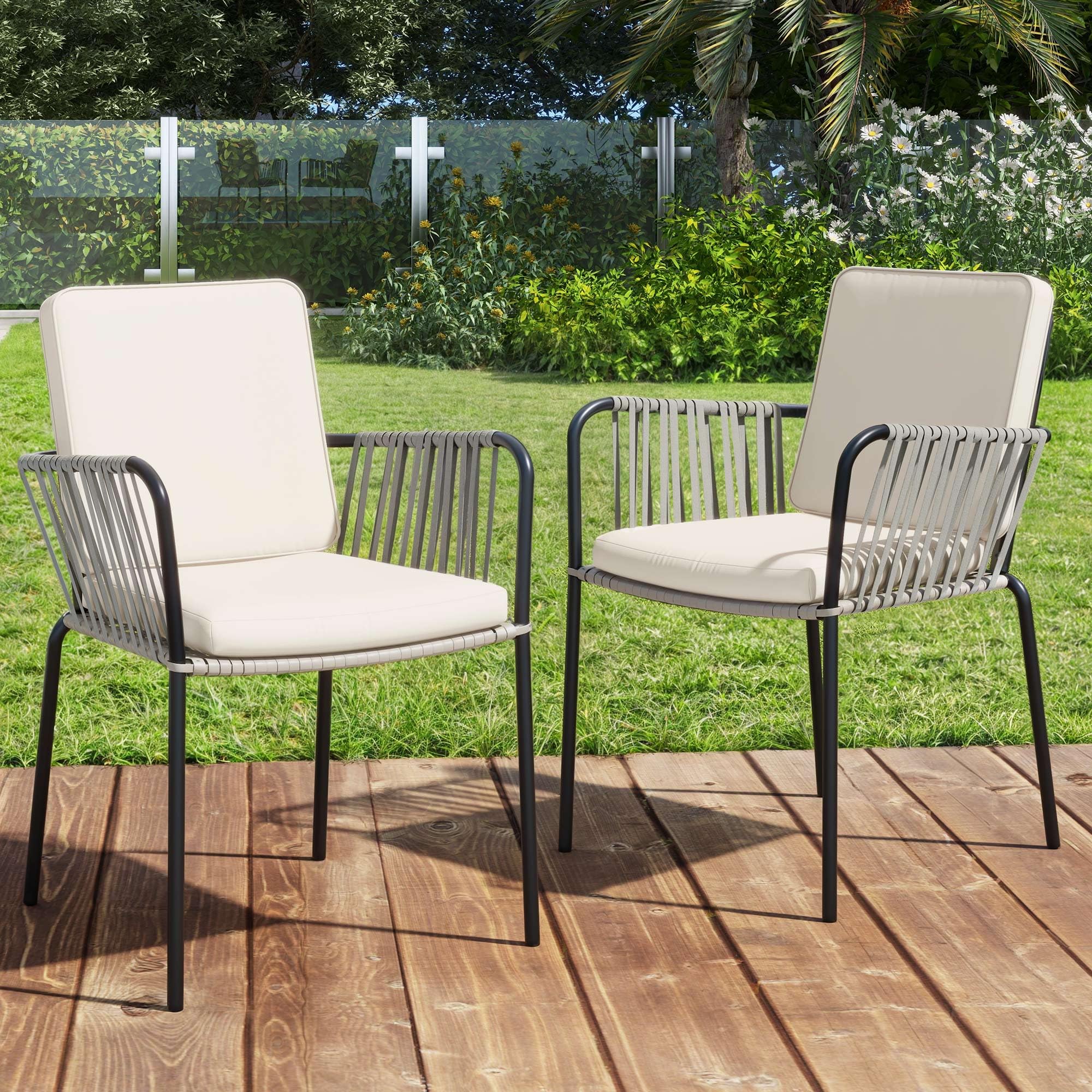 DWVO Patio Chairs Outdoor Dining Sets with Arms and Seat Cushions, Rope & Rattan Patio Chairs Set of 2 Perfect for Garden Porch Backyard Poolside Balcony, Grey